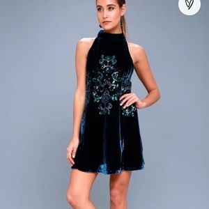 Jill’s Navy Blue Velvet Sequin Halter Swing Dress